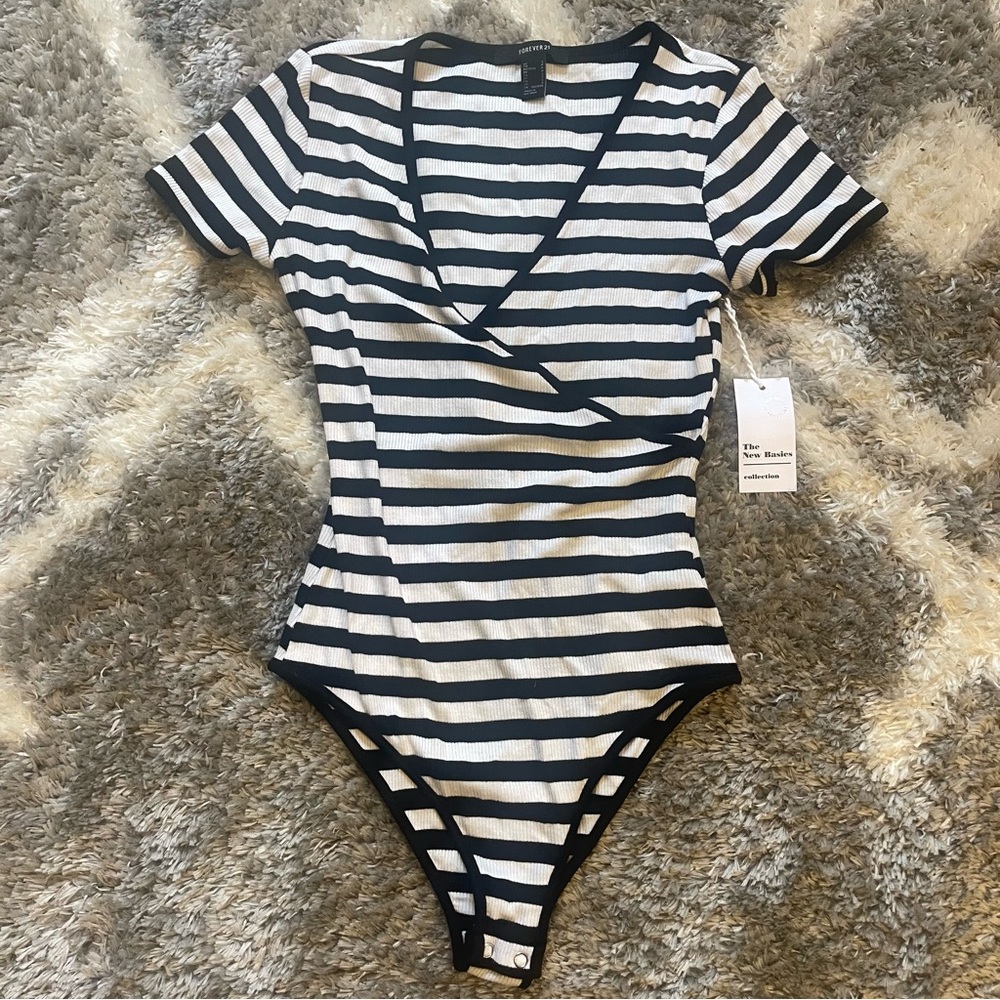 Forever 21 Black and White Striped Wrap-Front Ribbed Bodysuit